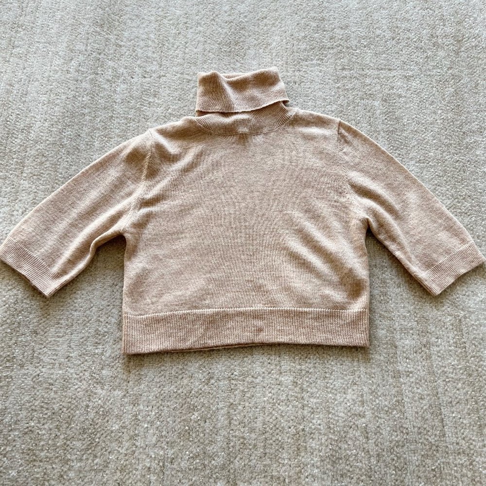 Zara Cropped Turtleneck Sweater Knit Top S Tan Wool Blend